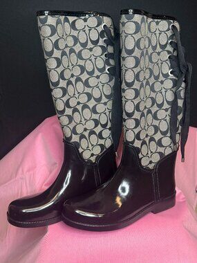 NEW COACH TRISTEE BLACK WHITE LOGO CANVAS LACE UP CORSET RAIN BOOTS SIZE 9